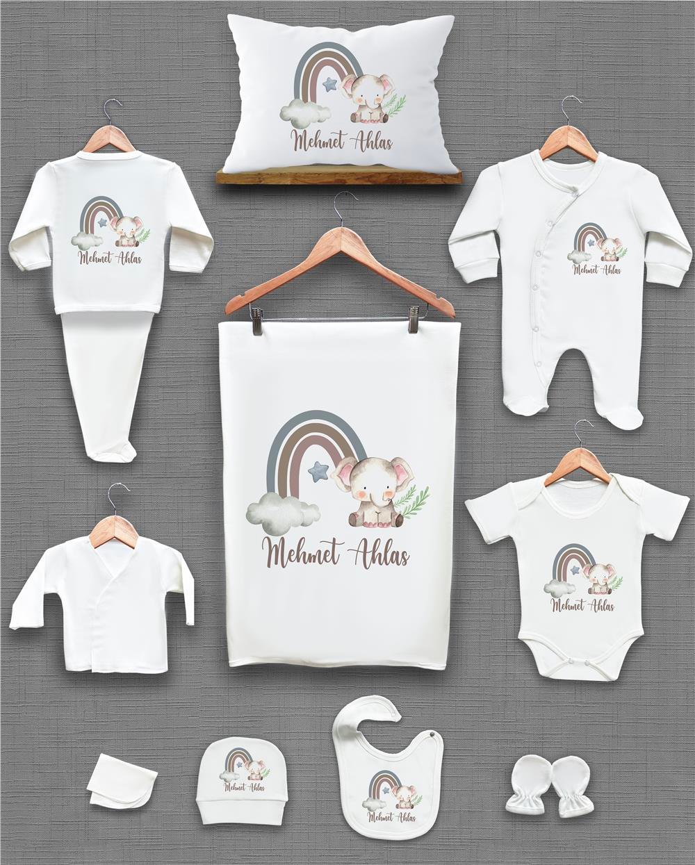 Gökkuşağı ve Fil Desenli 11'li İsimli Organik Hastane Çıkış Seti