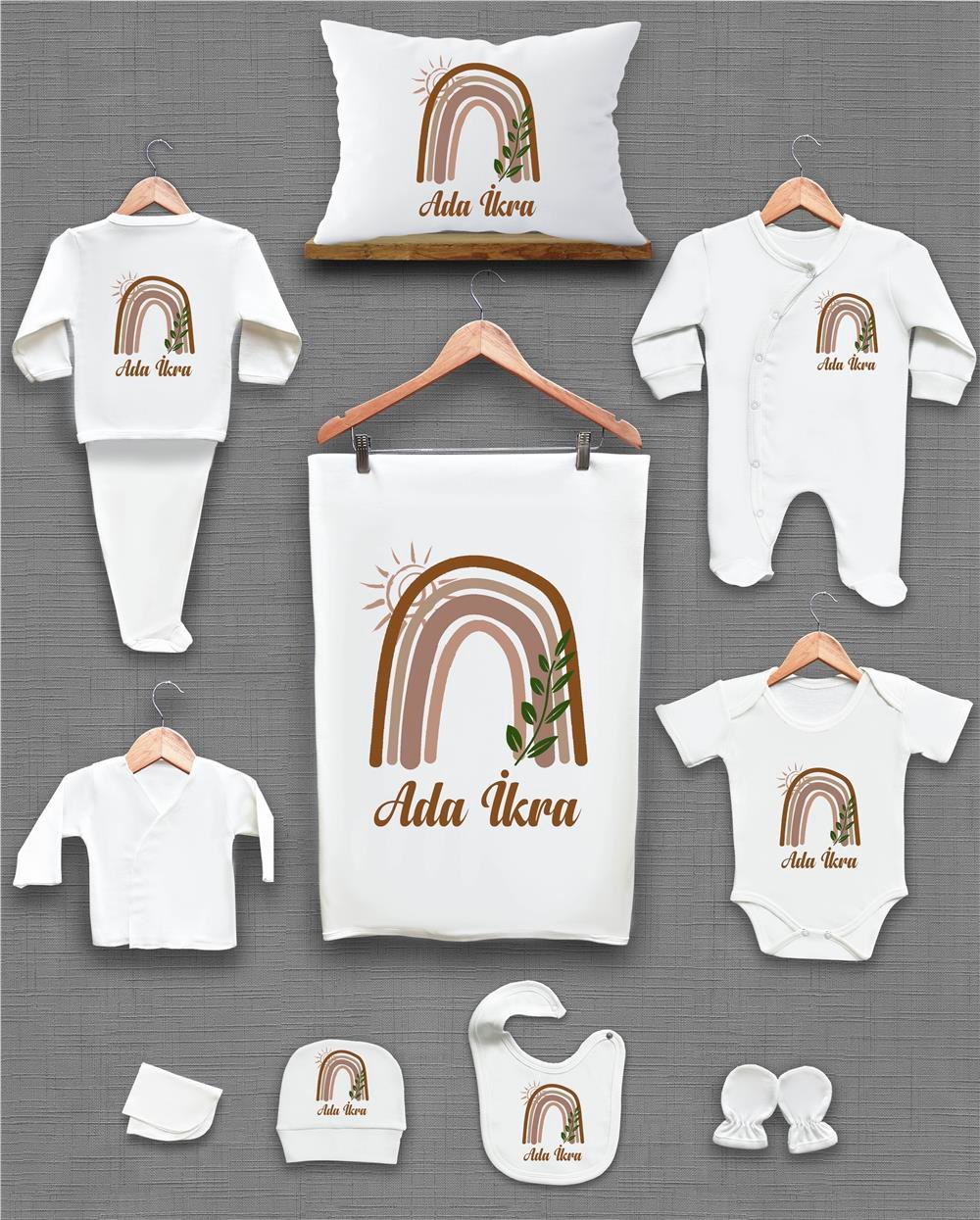 Gökkuşağı ve Yeşil Yaprak Desenli 11'li İsimli Organik Hastane Çıkış Seti