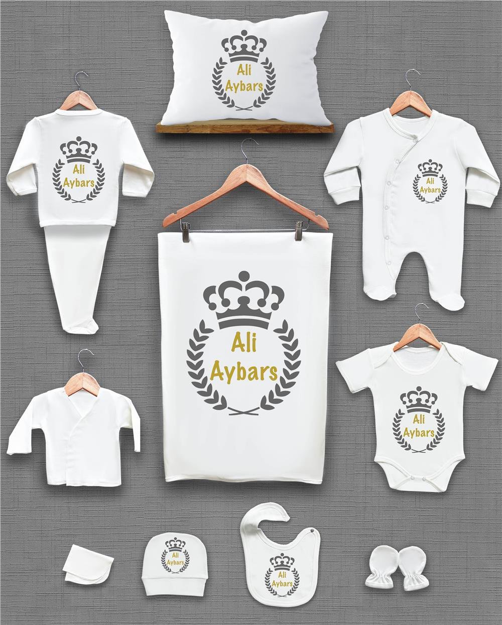 Gri Çelenk Desenli 11'li İsimli Organik Hastane Çıkış Seti