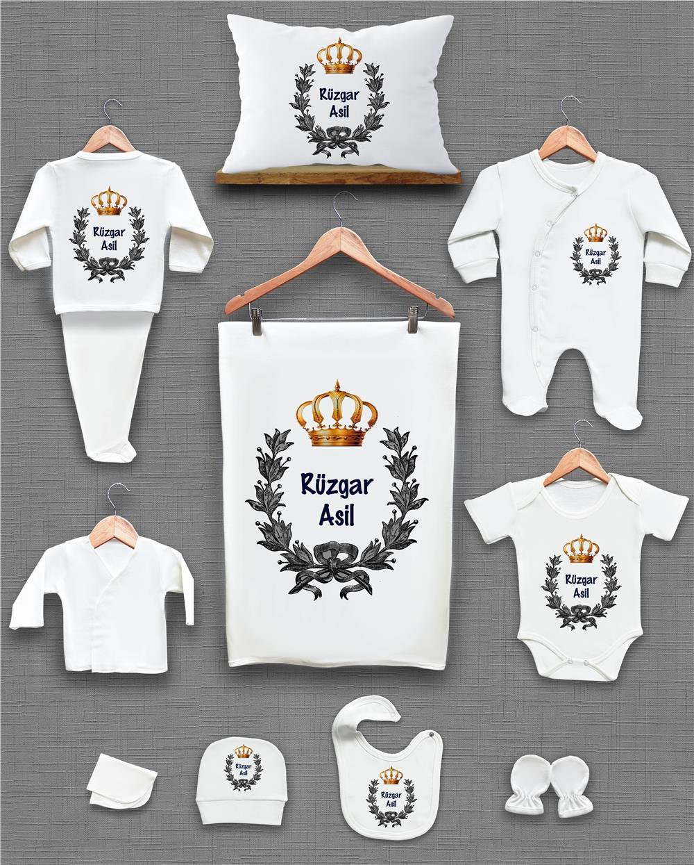 Gri Çelenk ve Kral Tacı Desenli 11'li İsimli Organik Hastane Çıkış Seti