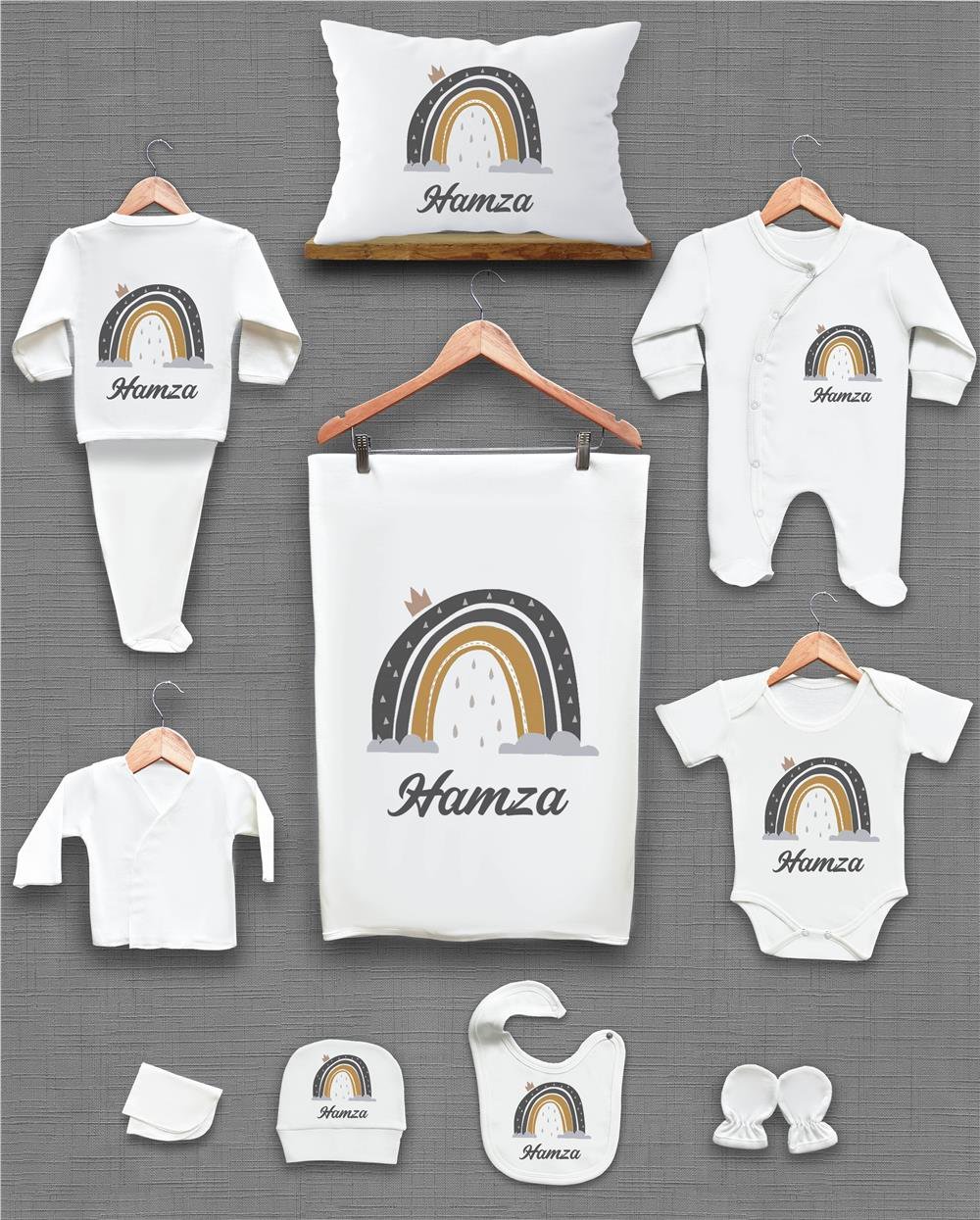 Gri Gökkuşağı Desenli 11'li İsimli Organik Hastane Çıkış Seti