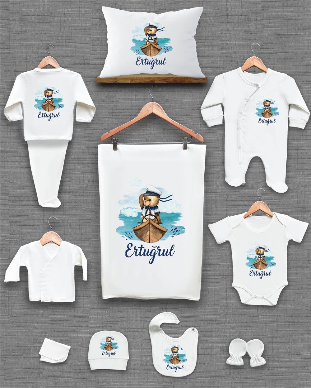 Kaptan ve Kayık Desenli 11'li İsimli Organik Hastane Çıkış Seti