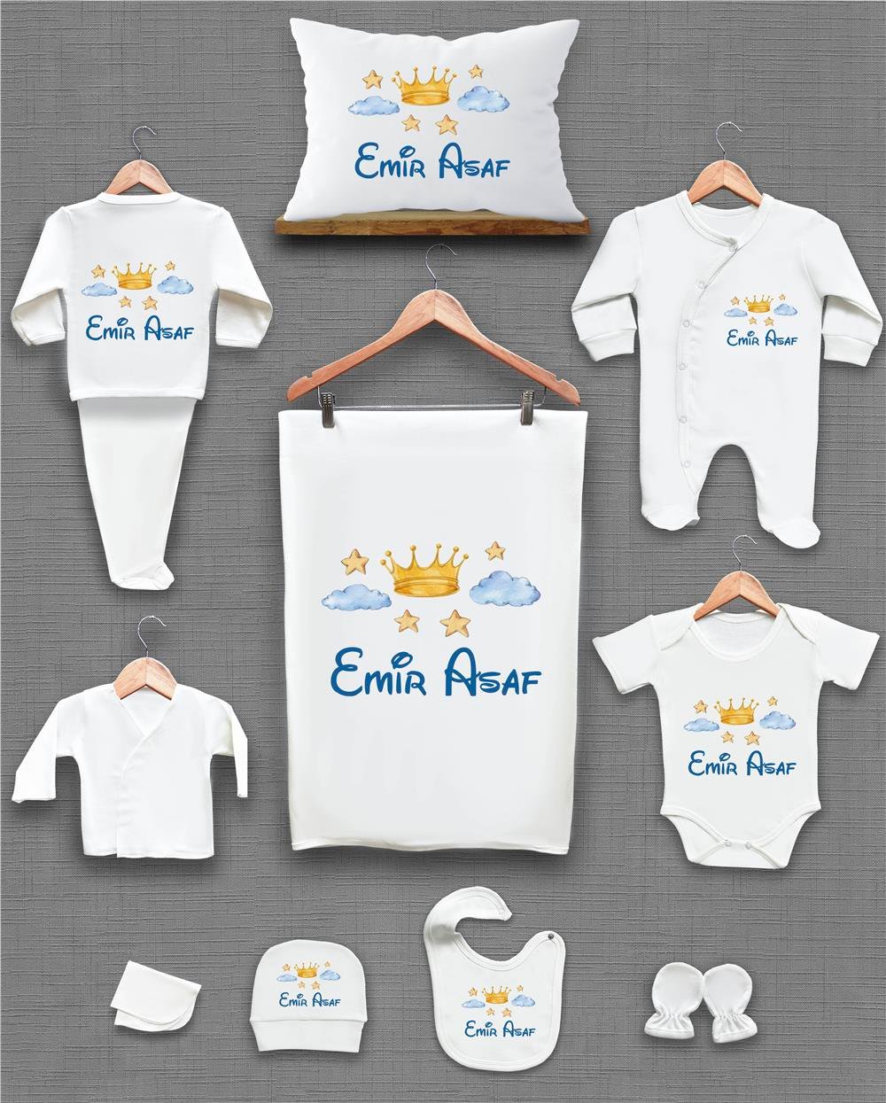 Kral Tacı Desenli 11'li İsimli Organik Hastane Çıkış Seti