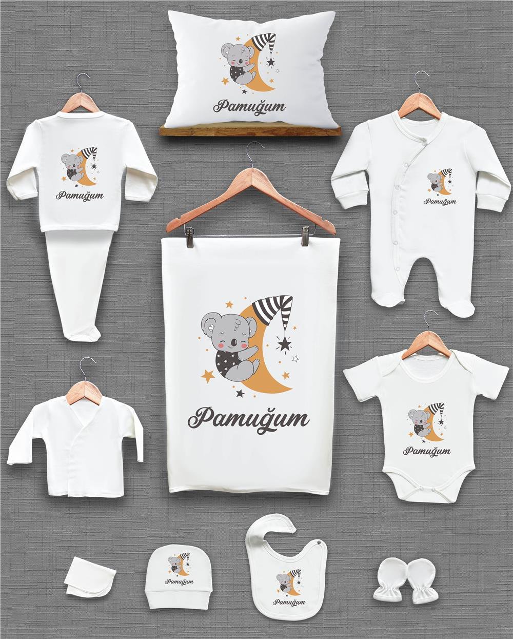 Kuala ve Ay Desenli 11'li İsimli Organik Hastane Çıkış Seti