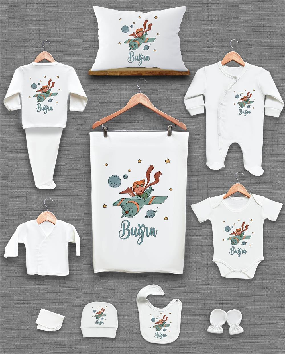 Küçük Prens ve Uçak Desenli 11'li İsimli Organik Hastane Çıkış Seti