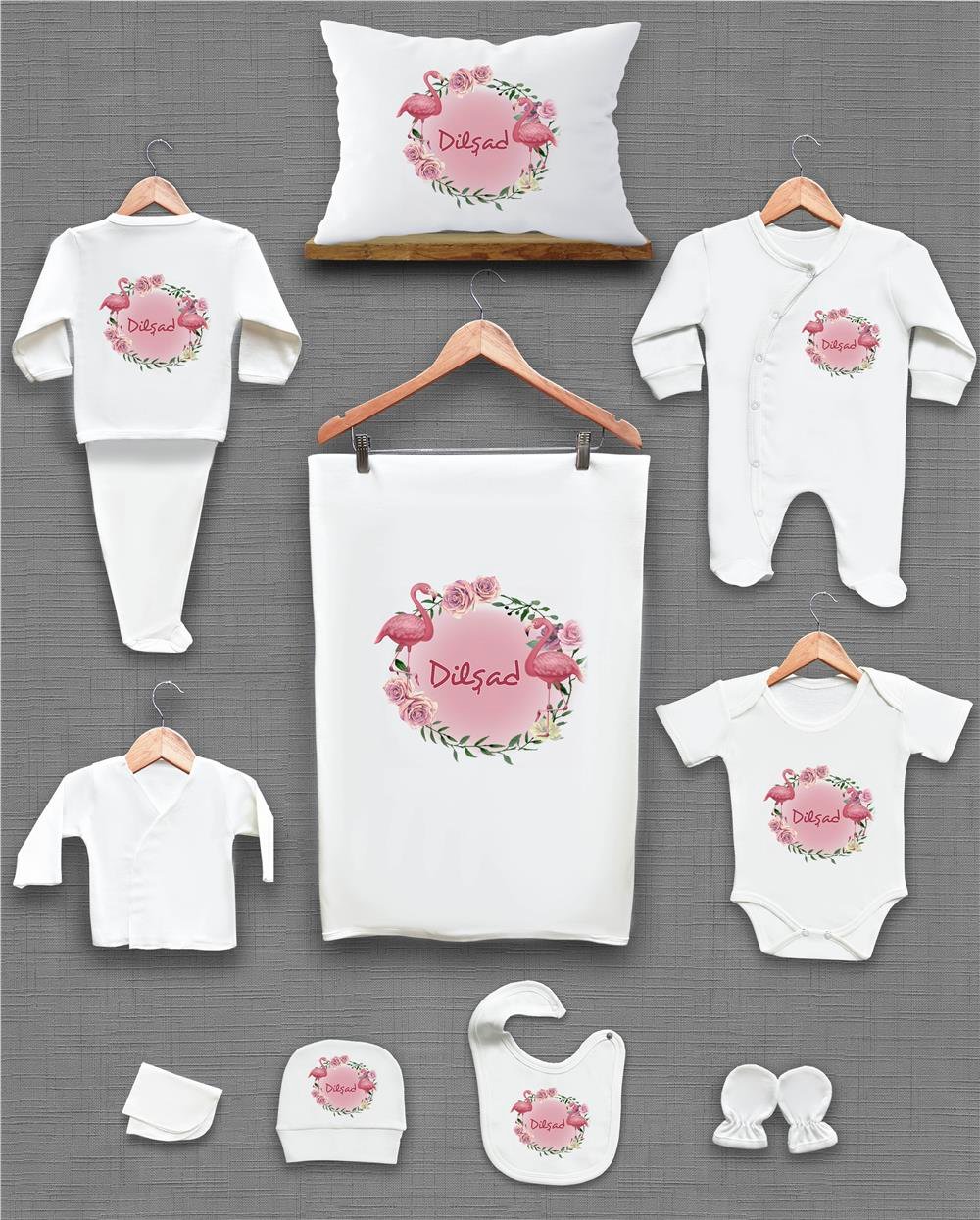 Kuğu ve Çiçek Desenli 11'li İsimli Organik Hastane Çıkış Seti