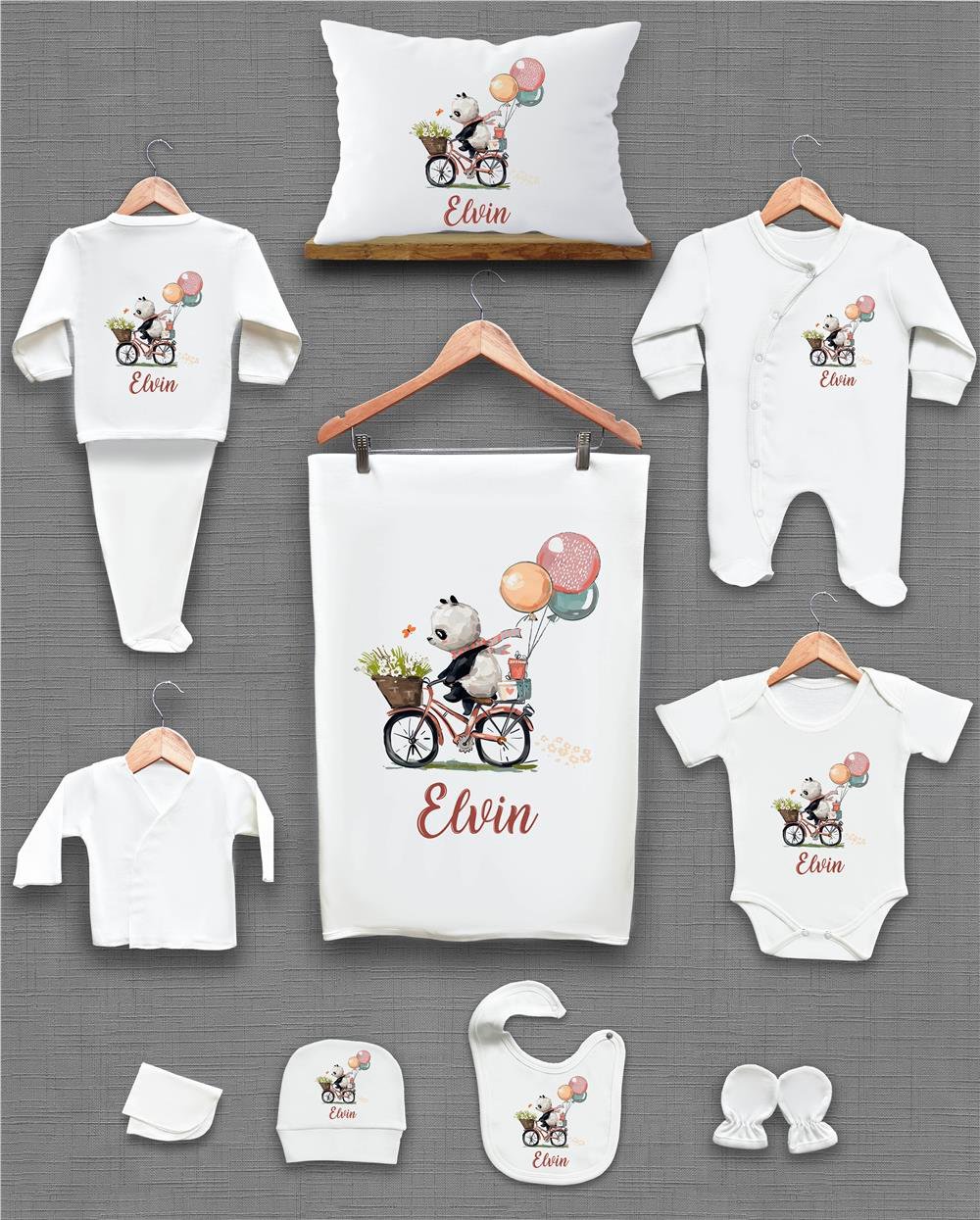 Kuğu ve Çiçek Desenli 11'li İsimli Organik Hastane Çıkış Seti