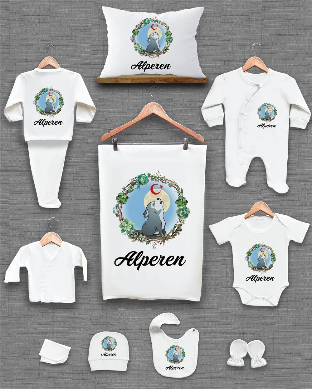 Kurt ve Yeşil Yaprak Çelenk Desenli 11'li İsimli Organik Hastane Çıkış Seti