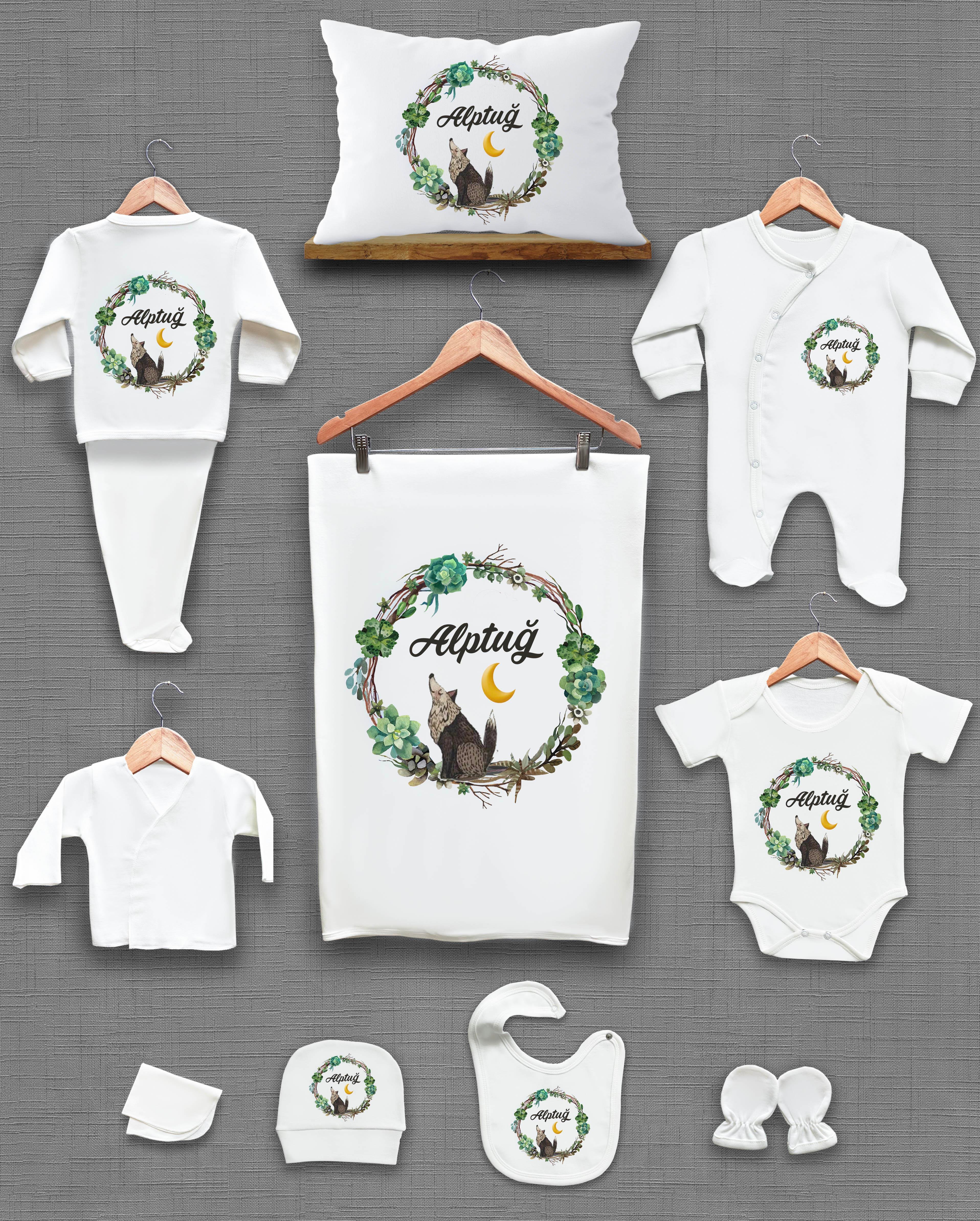 Kurt ve Yeşil Yaprak Desenli 11'li İsimli Organik Hastane Çıkış Seti