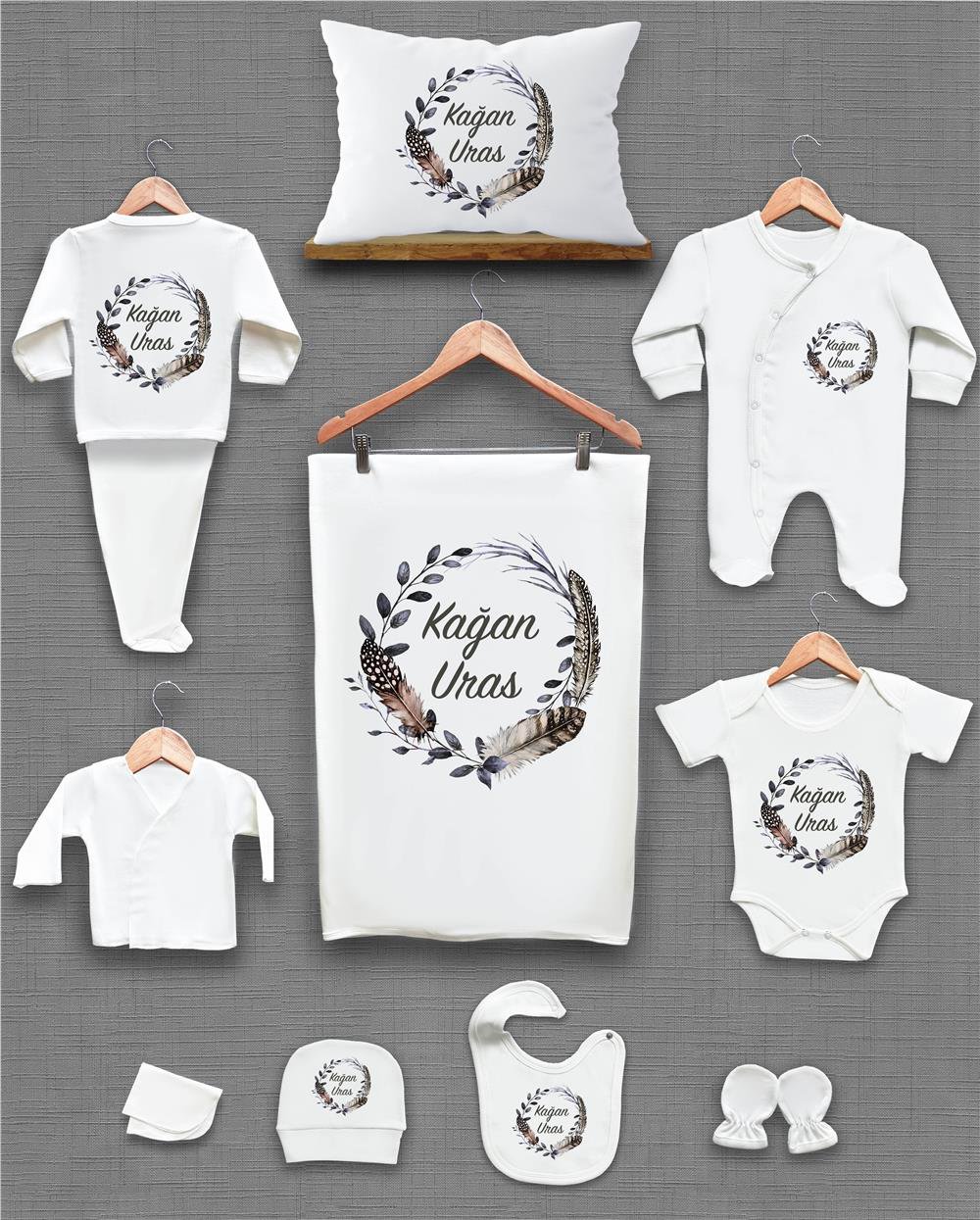 Kuş Tüğü Desenli 11'li İsimli Organik Hastane Çıkış Seti