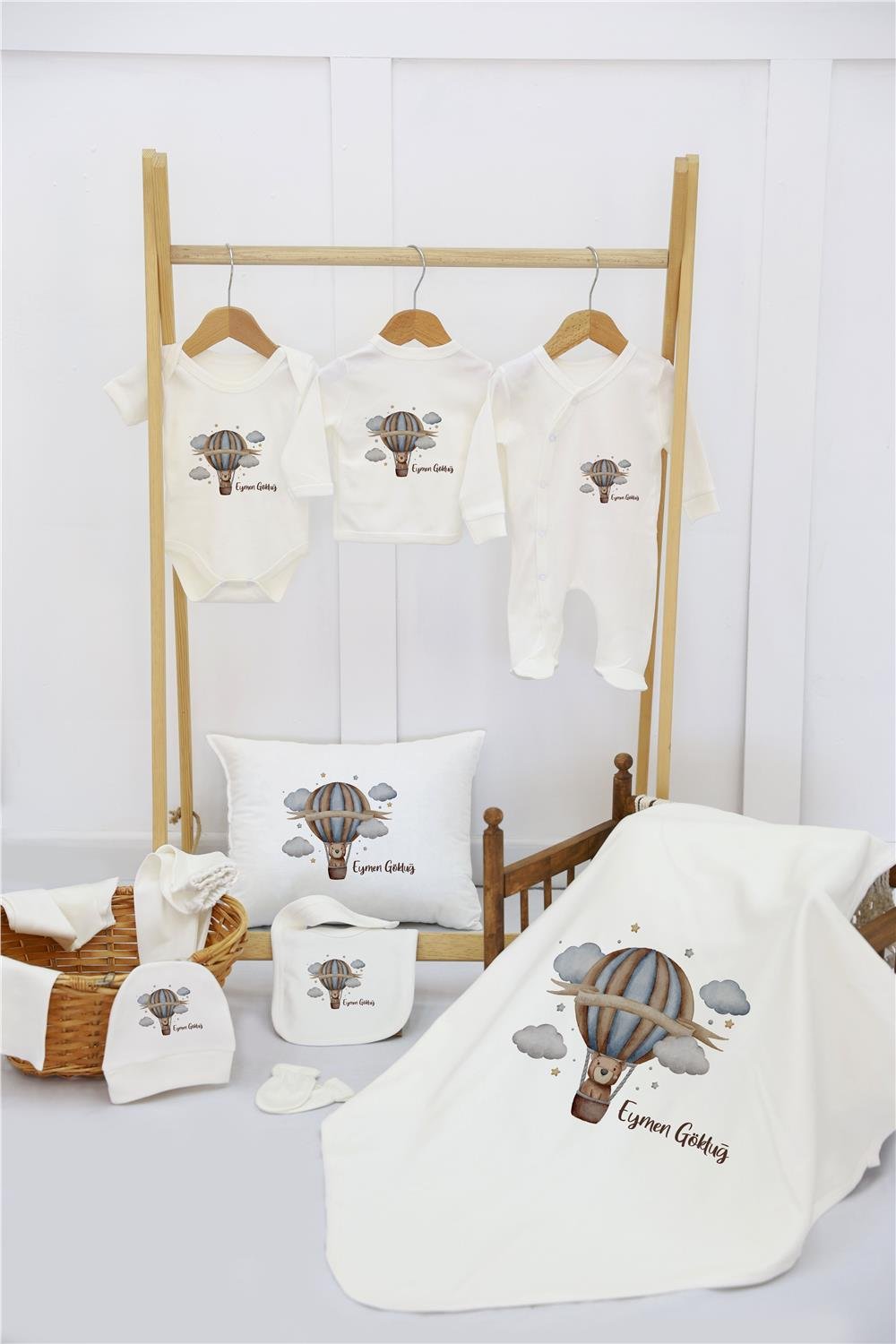 Kuş Tüğü Desenli 11'li İsimli Organik Hastane Çıkış Seti