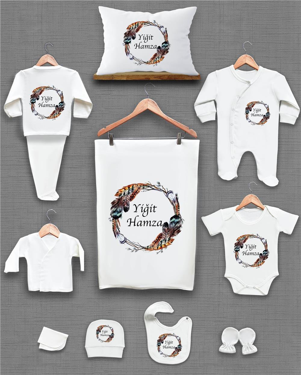 Kuş Tüğü Desenli 11'li İsimli Organik Hastane Çıkış Seti