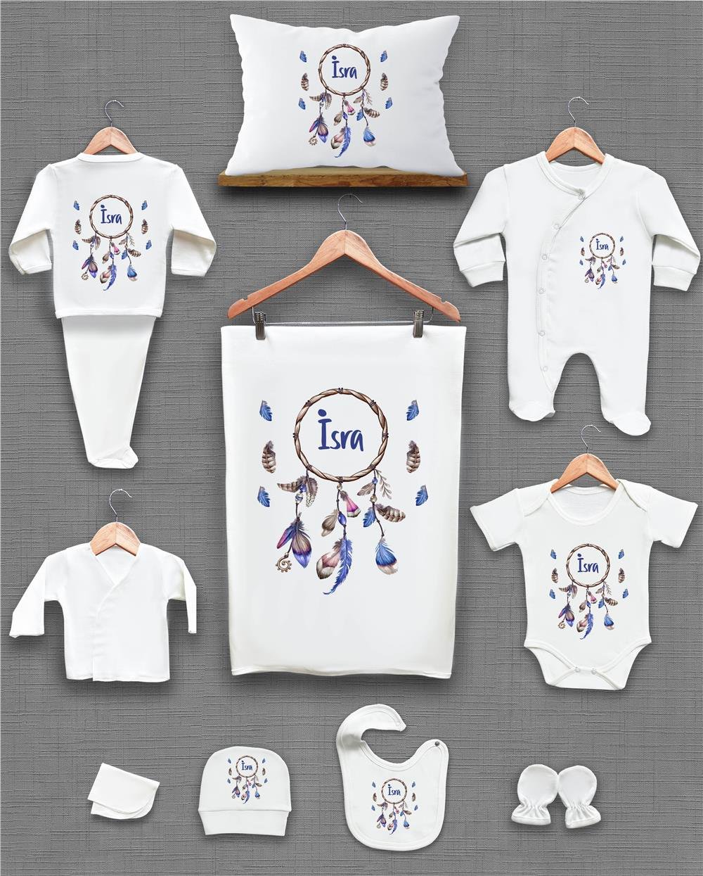 Kuş Tüğü ve Çelenk Desenli 11'li İsimli Organik Hastane Çıkış Seti