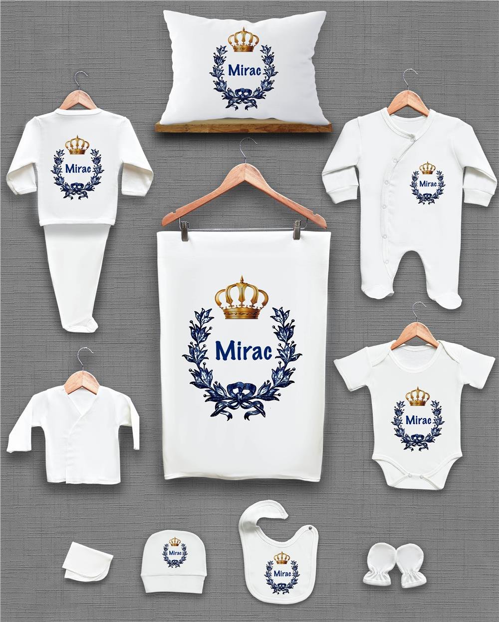 Lacivert Çelenk ve Kral Tacı Desenli 11'li İsimli Organik Hastane Çıkış Seti