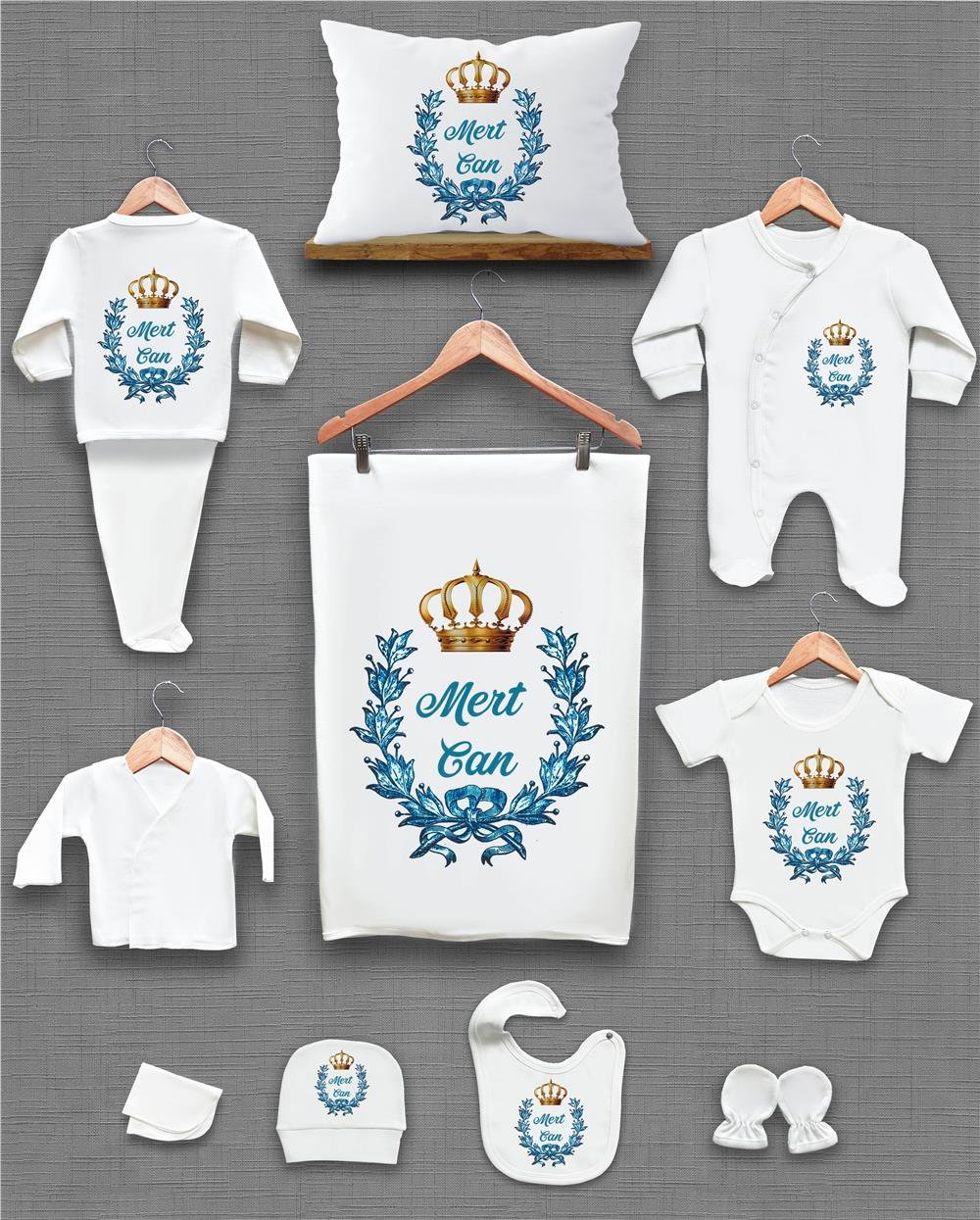 Mavi Çelenk ve Kral Tacı Desenli 11'li İsimli Organik Hastane Çıkış Seti