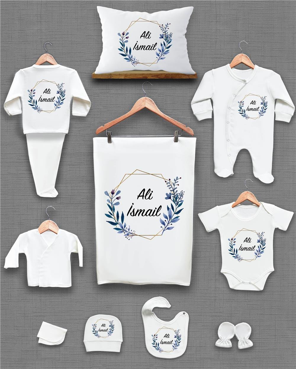 Mavi Çiçek Desenli 11'li İsimli Organik Hastane Çıkış Seti