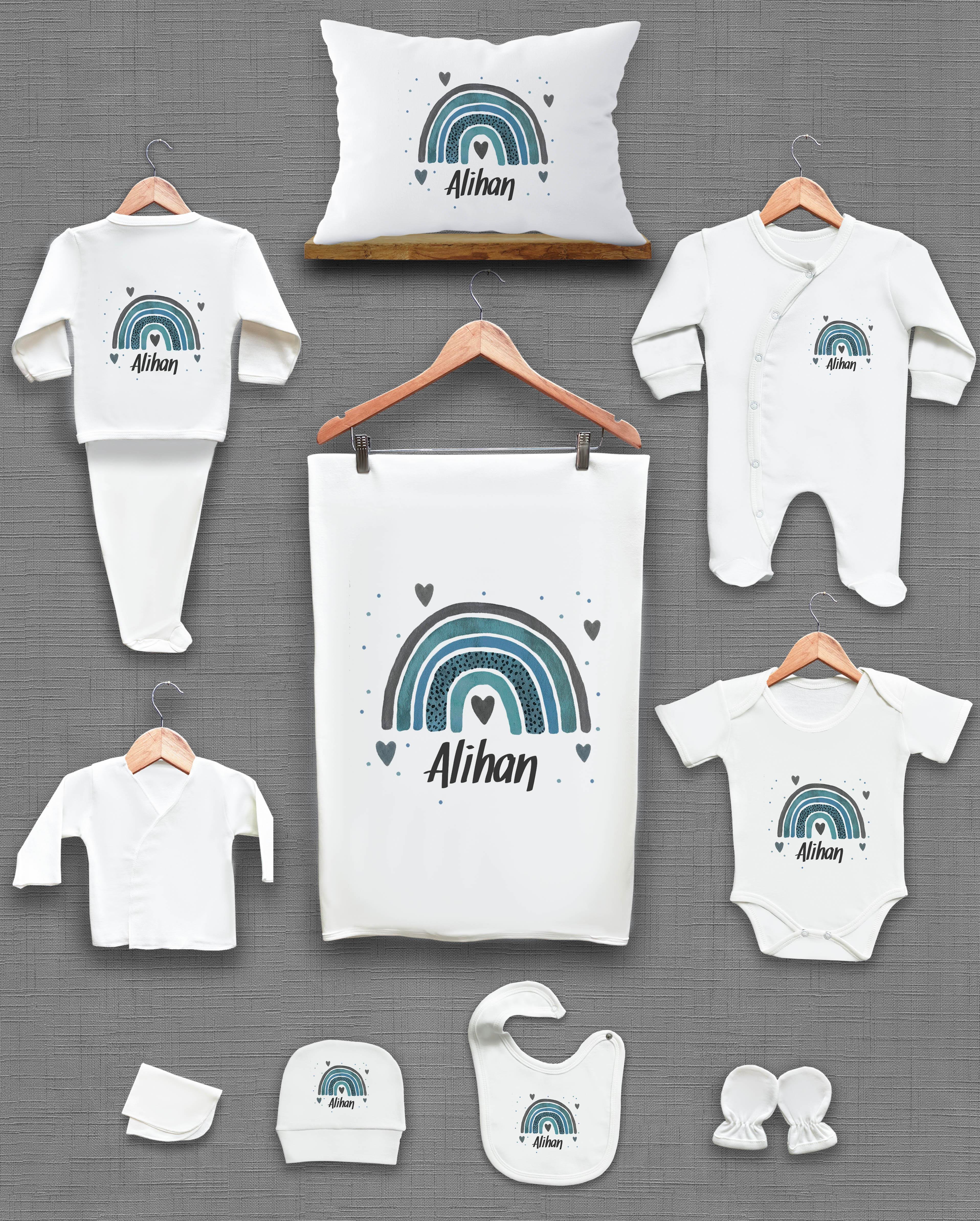 Mavi Gökkuşağı Desenli 11'li İsimli Organik Hastane Çıkış Seti