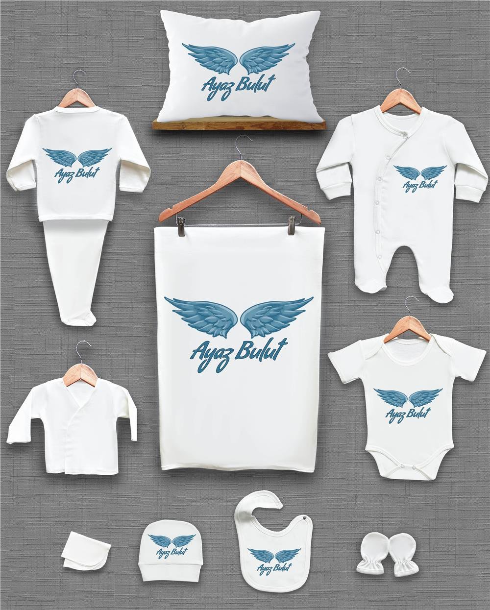 Mavi Kanat Desenli 11'li İsimli Organik Hastane Çıkış Seti