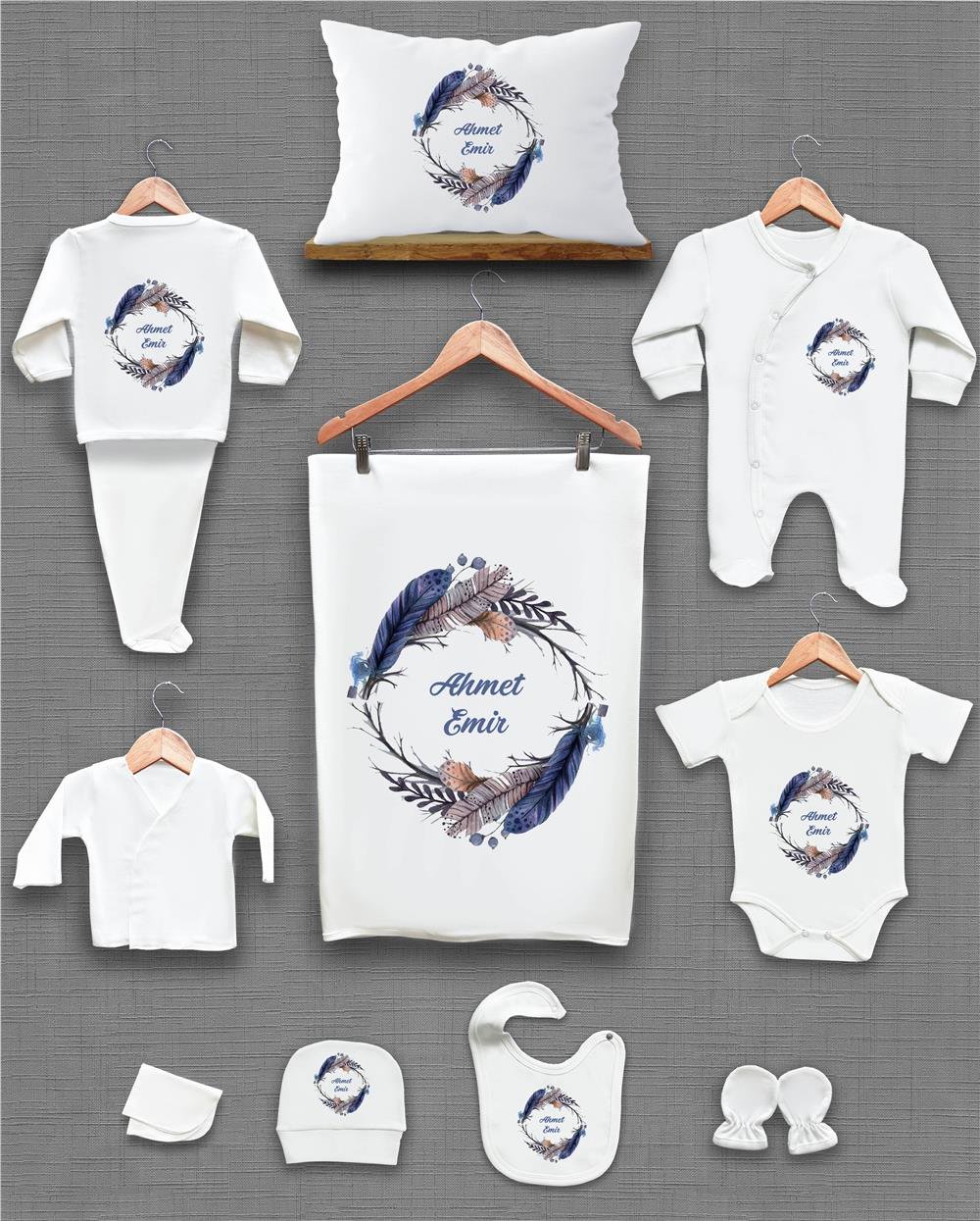 Mavi Kuş Tüğü Desenli 11'li İsimli Organik Hastane Çıkış Seti