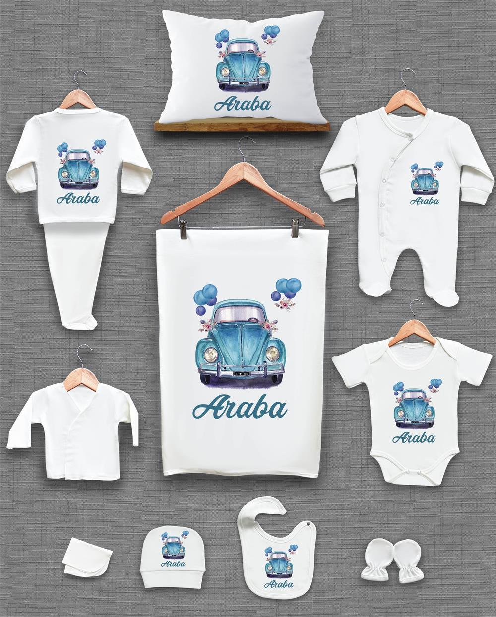 Mavi Vosvos Desenli 11'li İsimli Organik Hastane Çıkış Seti