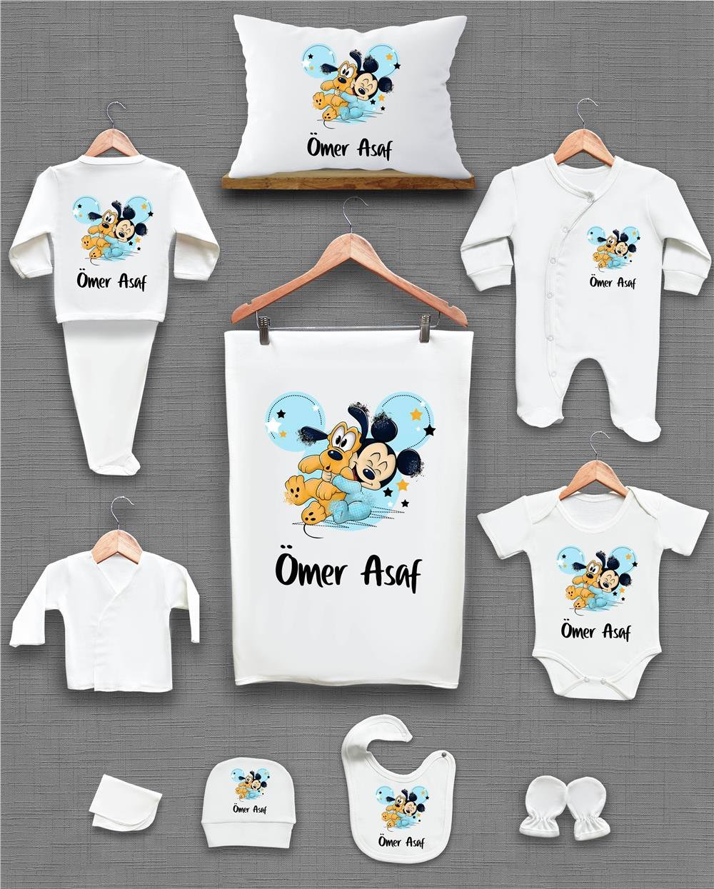 Mickey Mouse Pluto Temalı 11'li İsimli Organik Hastane Çıkış Seti