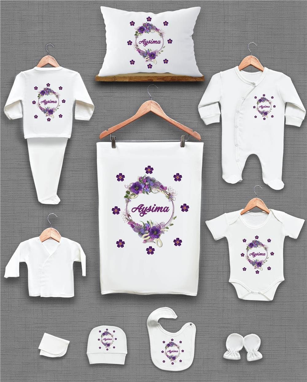 Mor Çiçek Desenli 11'li İsimli Organik Hastane Çıkış Seti