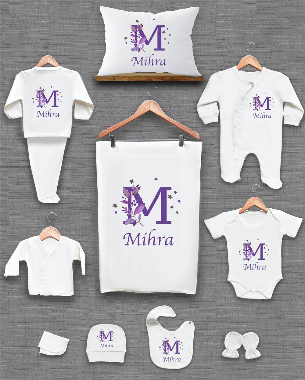 Mor Çiçek ve Harf Desenli 11'li İsimli Organik Hastane Çıkış Seti