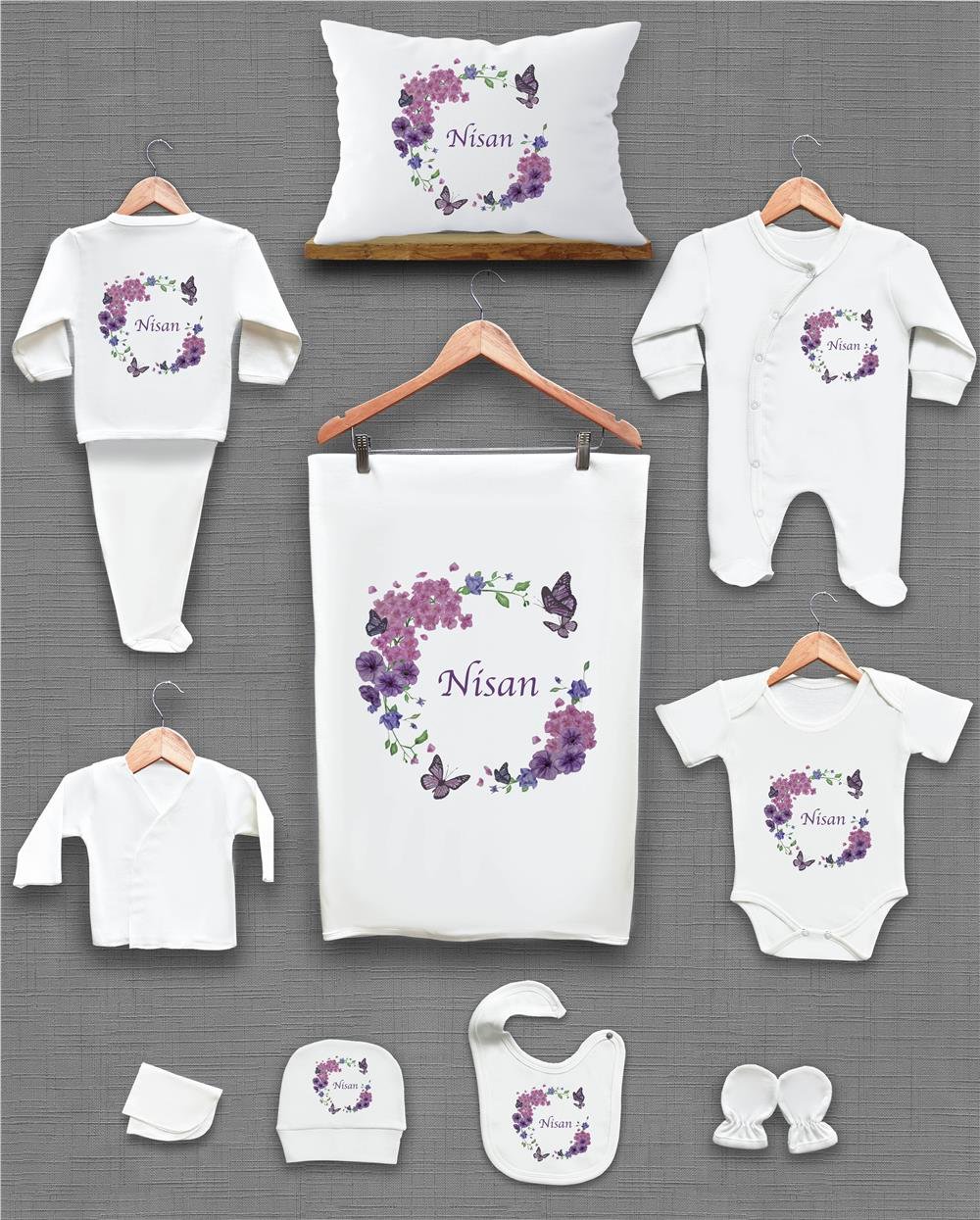 Mor Çiçek ve Kelebek Desenli 11'li İsimli Organik Hastane Çıkış Seti