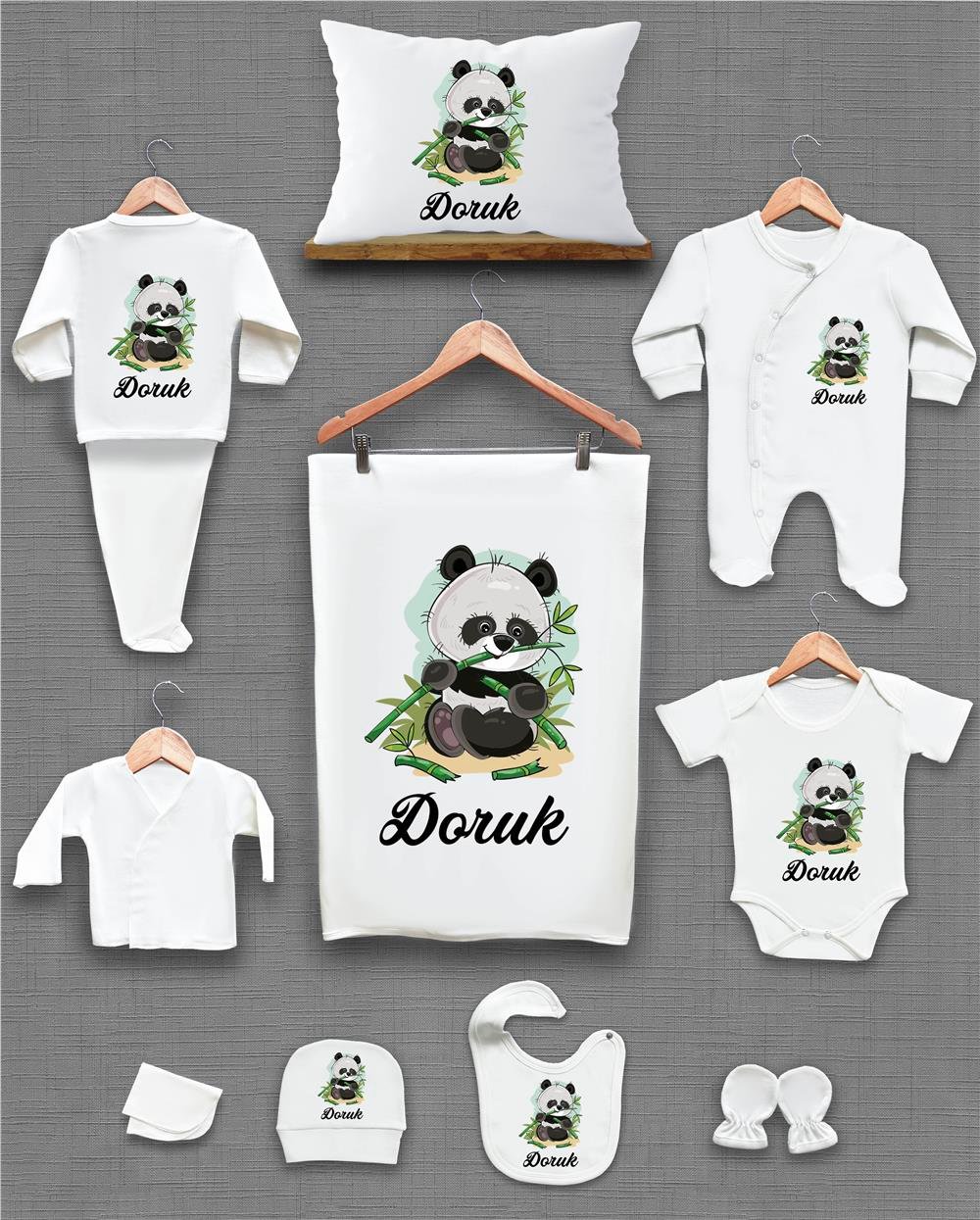 Panda ve Yeşil Yaprak Desenli 11'li İsimli Organik Hastane Çıkış Seti