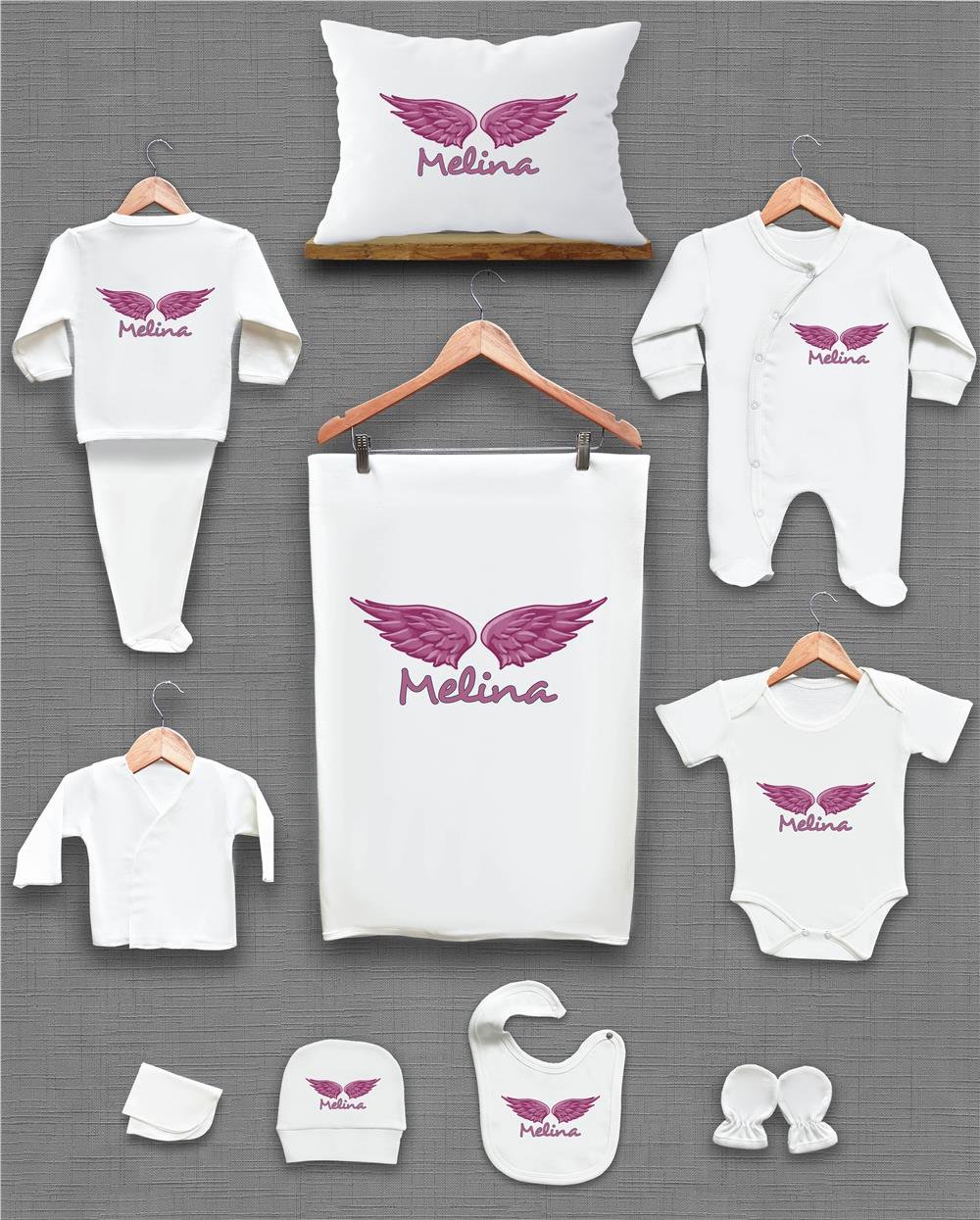 Pembe Melek Kanat Desenli 11'li İsimli Organik Hastane Çıkış Seti