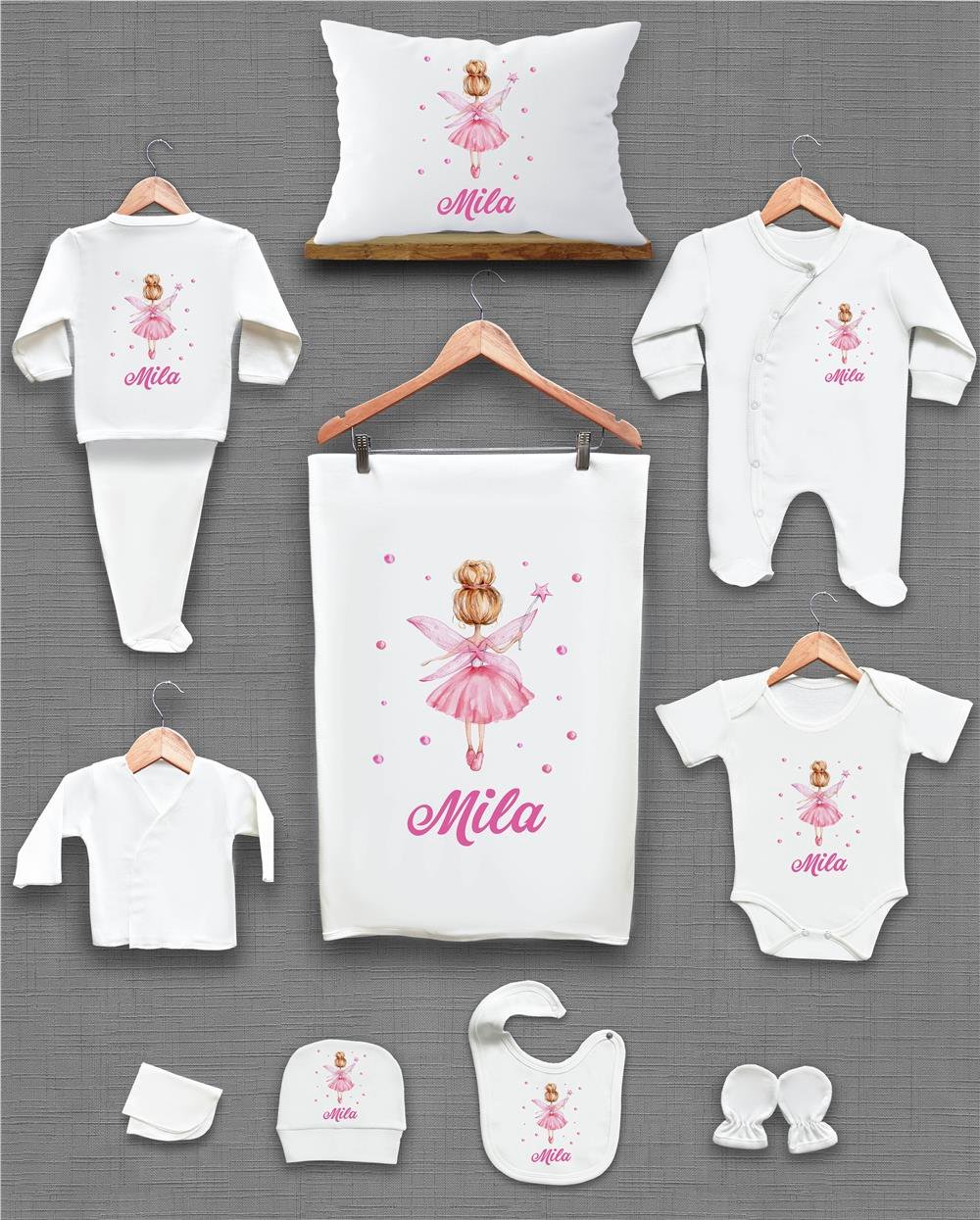 Peri Kız Desenli 11'li İsimli Organik Hastane Çıkış Seti