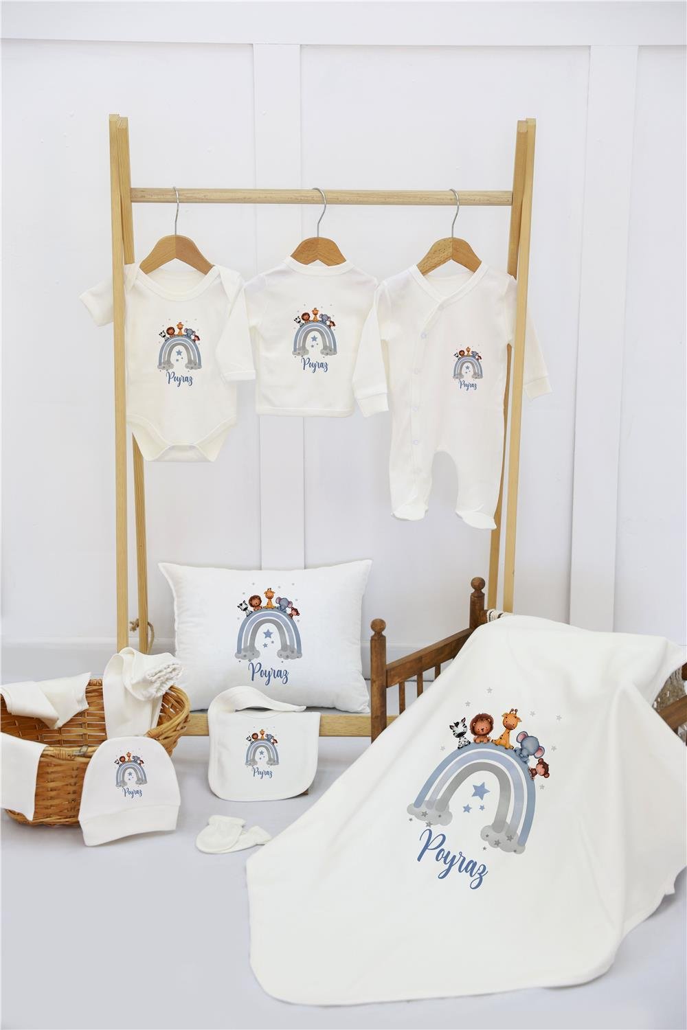 Safari ve Çiçek Desenli 11'li İsimli Organik Hastane Çıkış Seti