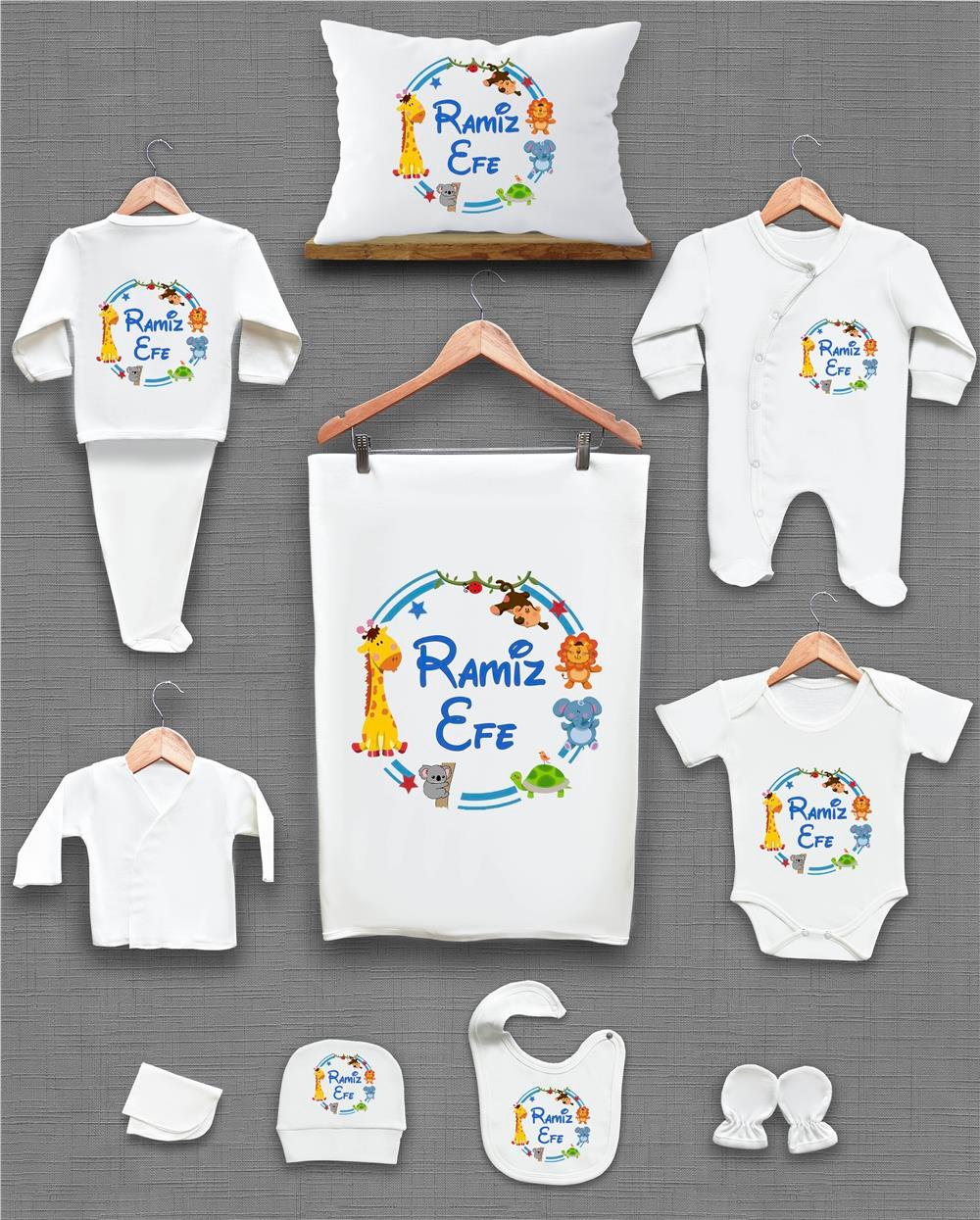 Safari ve Mavi Çizim Desenli 11'li İsimli Organik Hastane Çıkış Seti