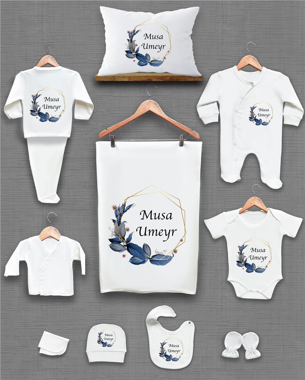 Saks Mavi Yaprak Çelenk Desenli 11'li İsimli Organik Hastane Çıkış Seti