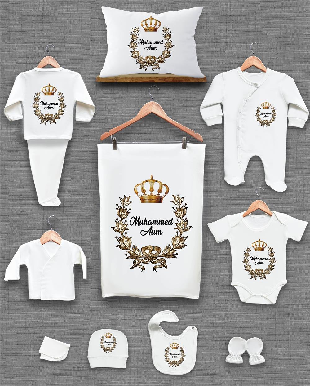 Sarı Çelenk ve Kral Tacı Desenli 11'li İsimli Organik Hastane Çıkış Seti