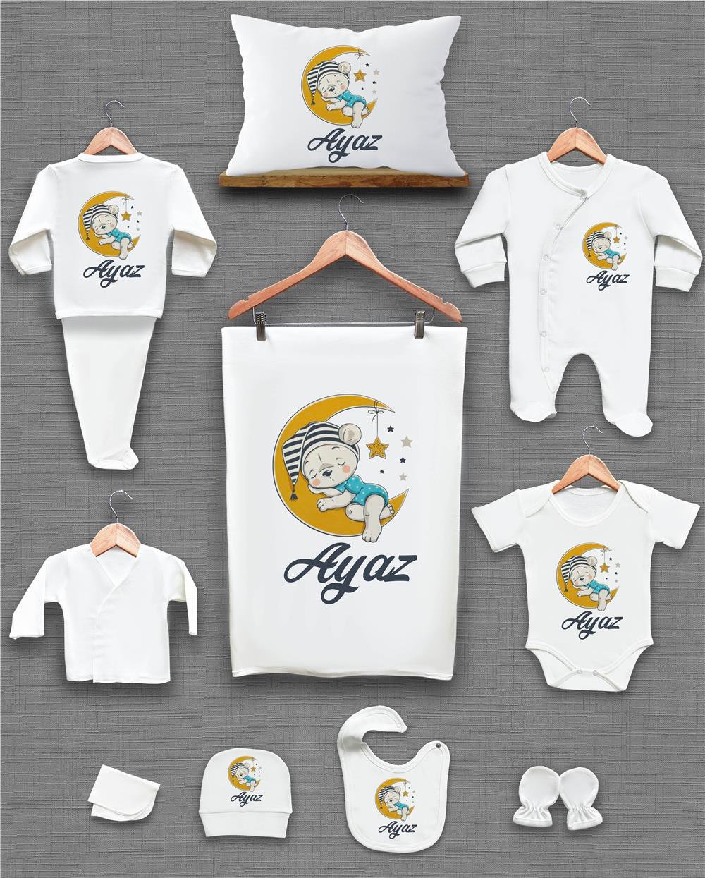 Sevimli Ayı Desenli 11'li İsimli Organik Hastane Çıkış Seti