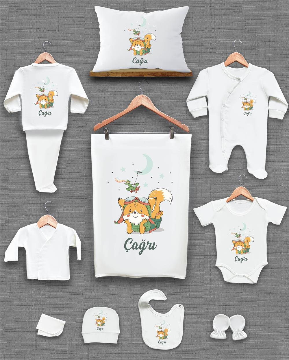 Sevimli Ayı ve Balon Desenli 11'li İsimli Organik Hastane Çıkış Seti