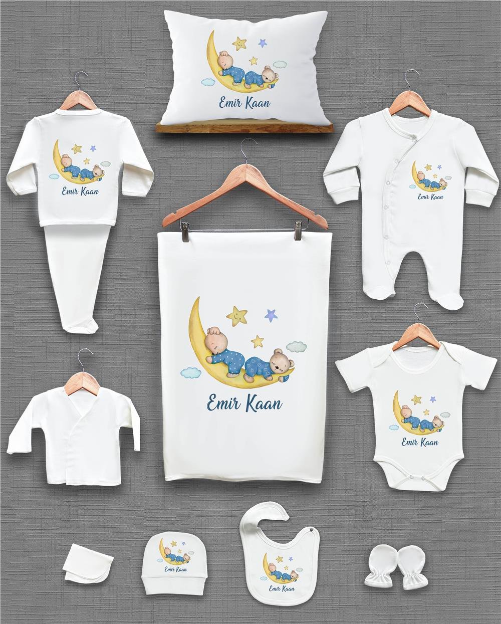 Sevimli Ayılar ve Ay Desenli 11'li İsimli Organik Hastane Çıkış Seti