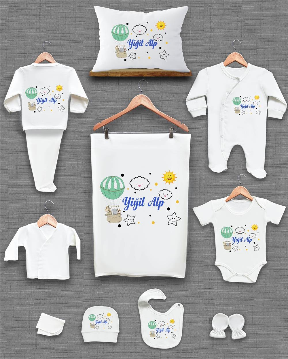 Sevimli Balon ve Güneş Temalı 11'li İsimli Organik Hastane Çıkış Seti