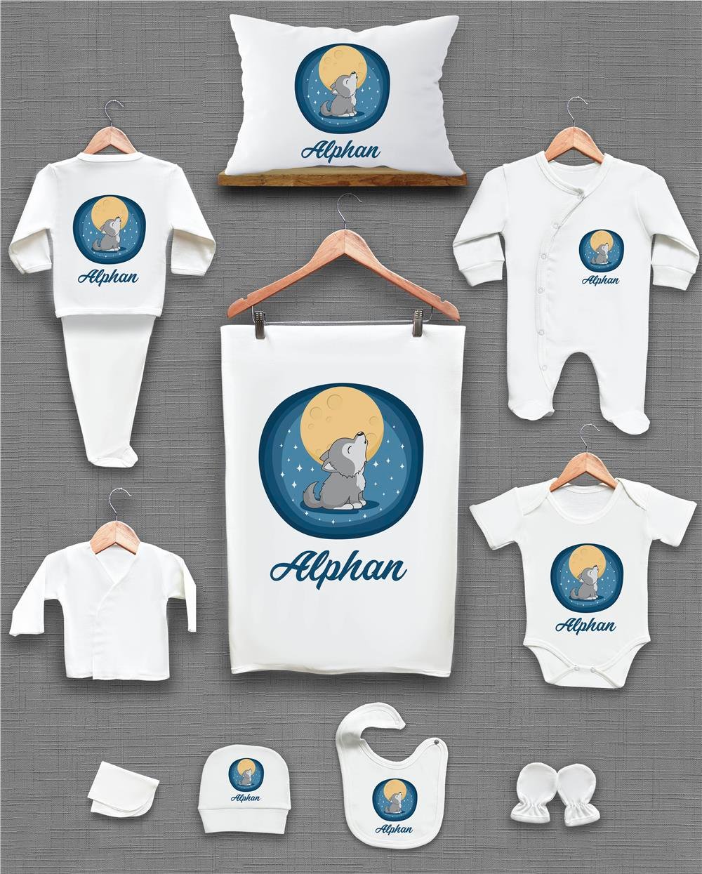 Sevimli Kurt Desenli 11'li İsimli Organik Hastane Çıkış Seti