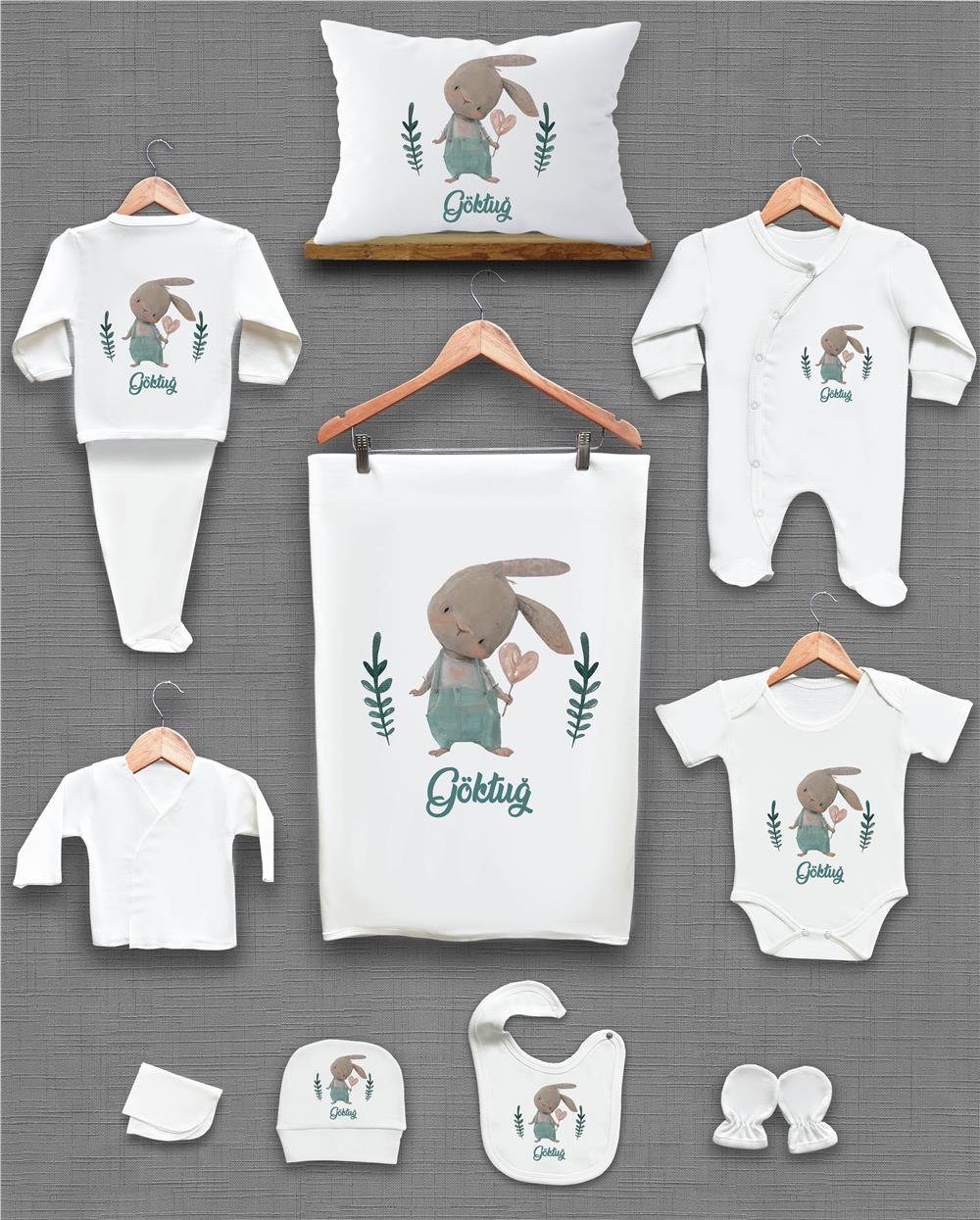 Sevimli Tavşan Desenli 11'li İsimli Organik Hastane Çıkış Seti