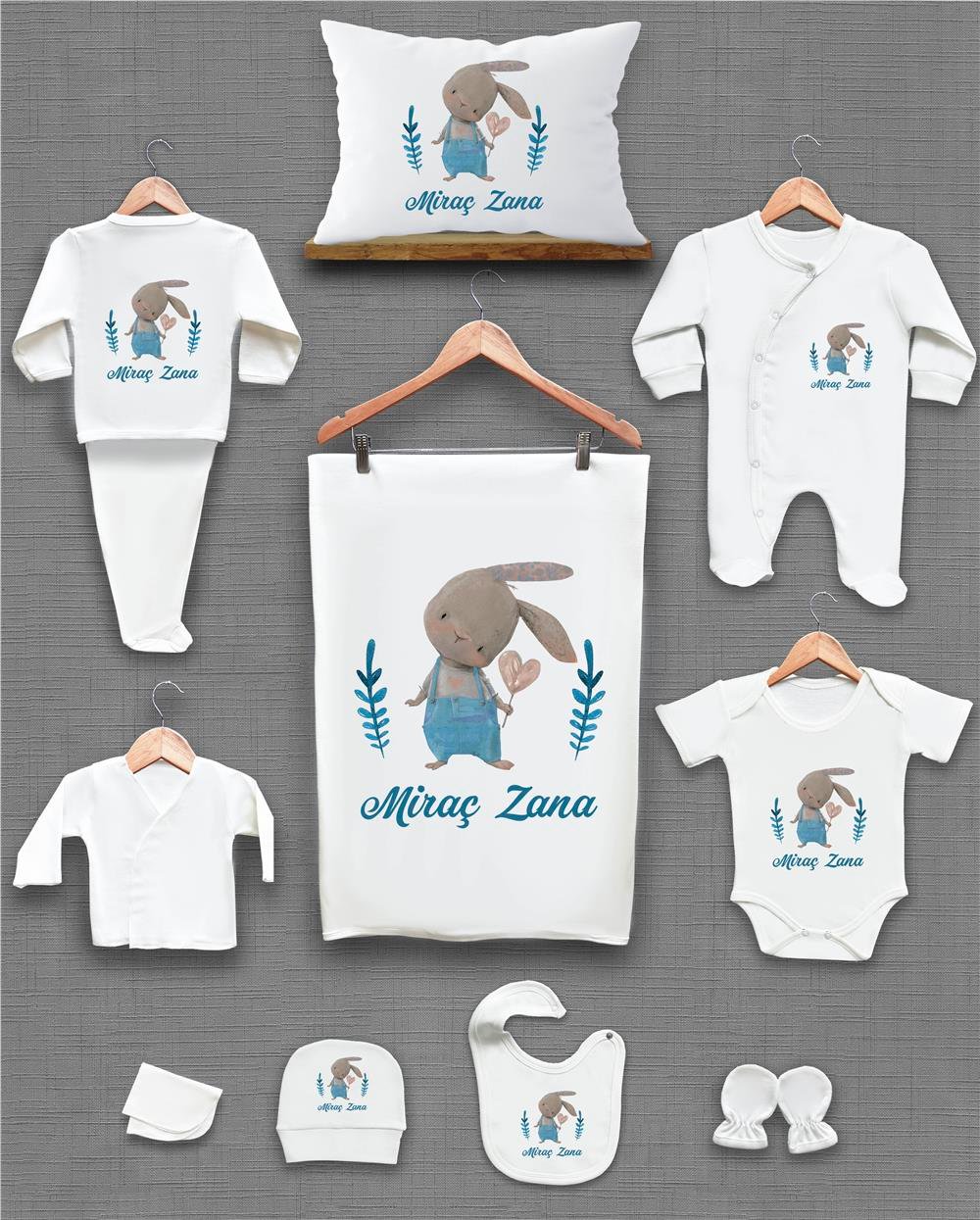 Sevimli Tavşan Desenli 11'li İsimli Organik Hastane Çıkış Seti