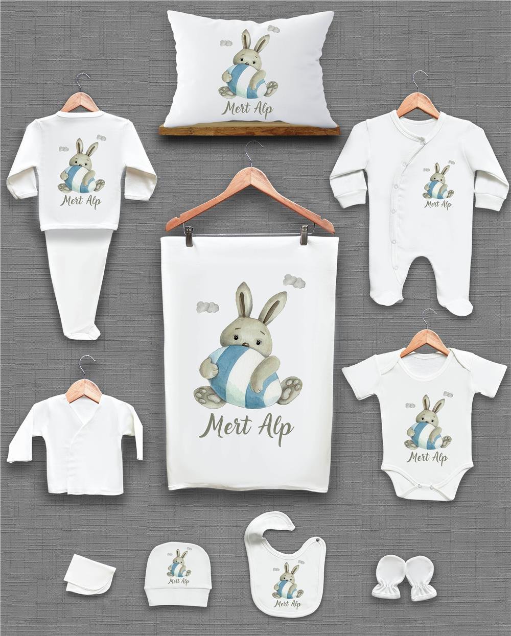 Tavşan Desenli 11'li İsimli Organik Hastane Çıkış Seti