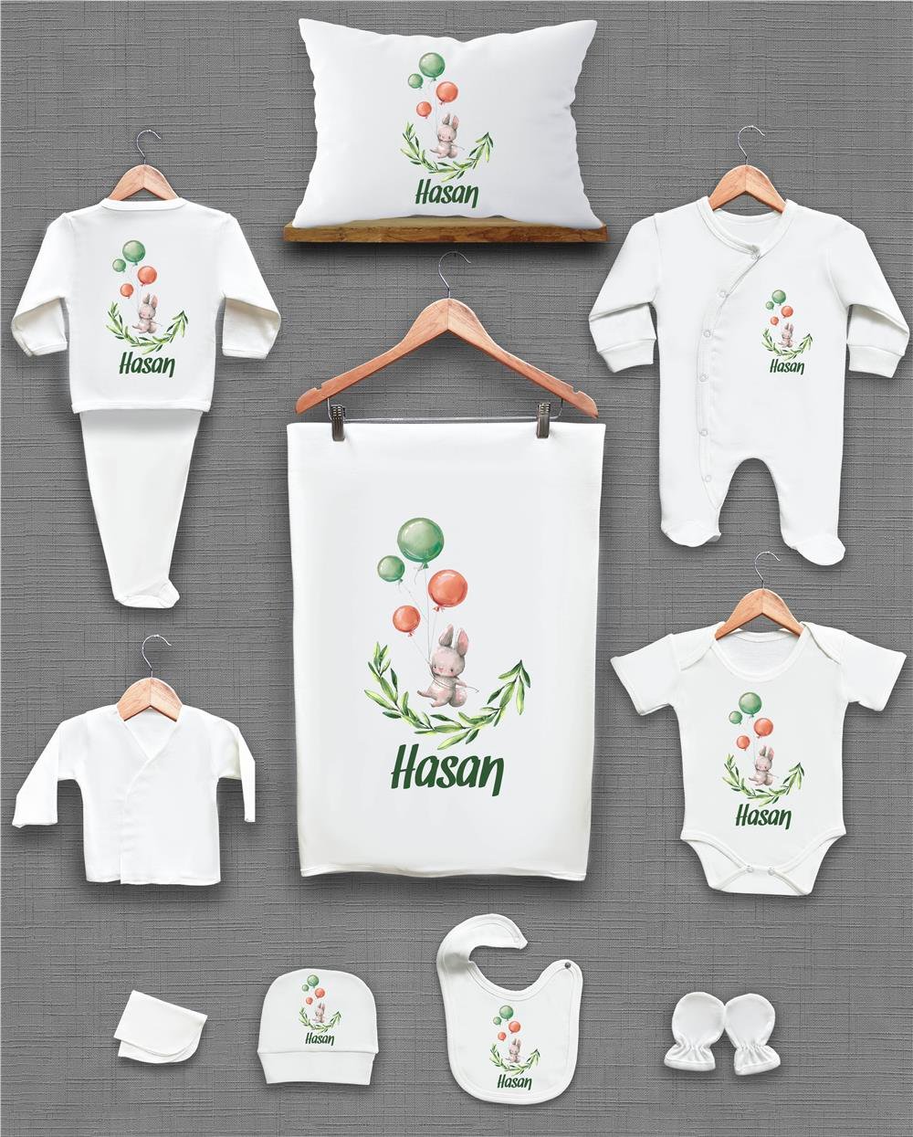 Tavşan ve Balon Desenli 11'li İsimli Organik Hastane Çıkış Seti