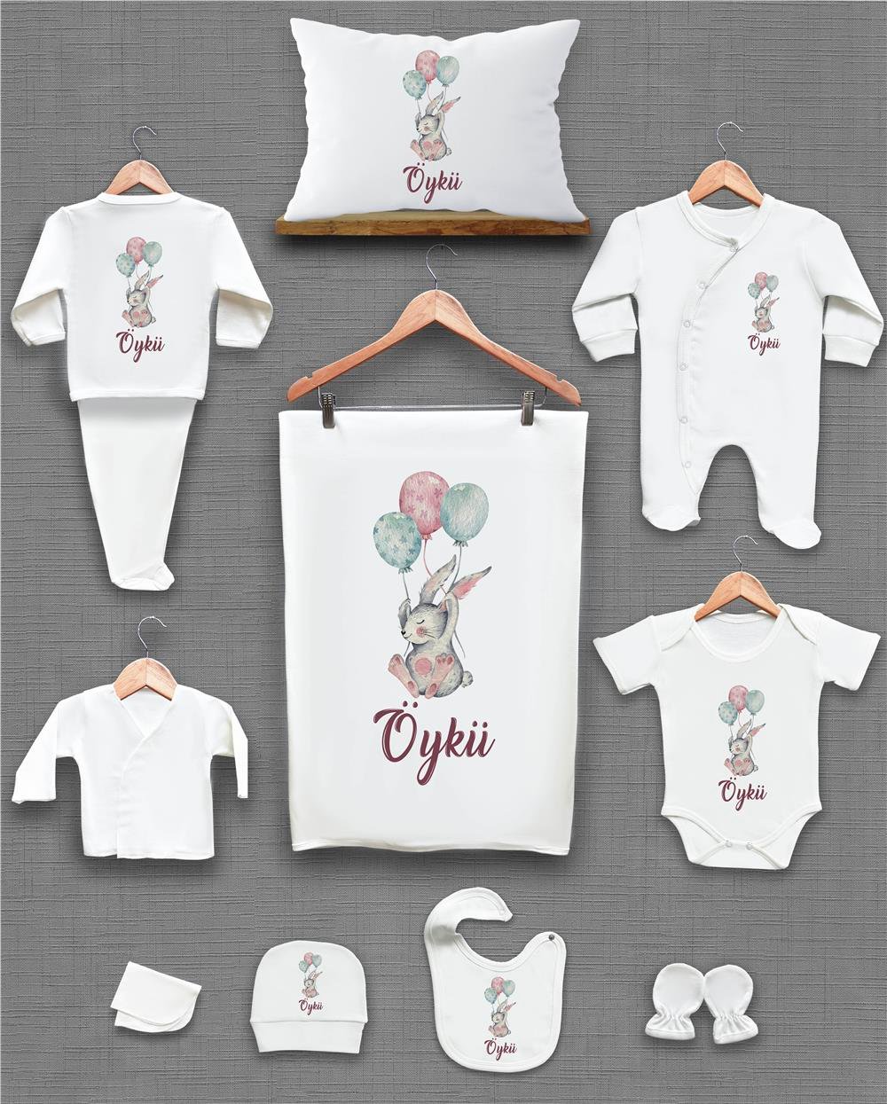 Tavşan ve Balon Desenli 11'li İsimli Organik Hastane Çıkış Seti