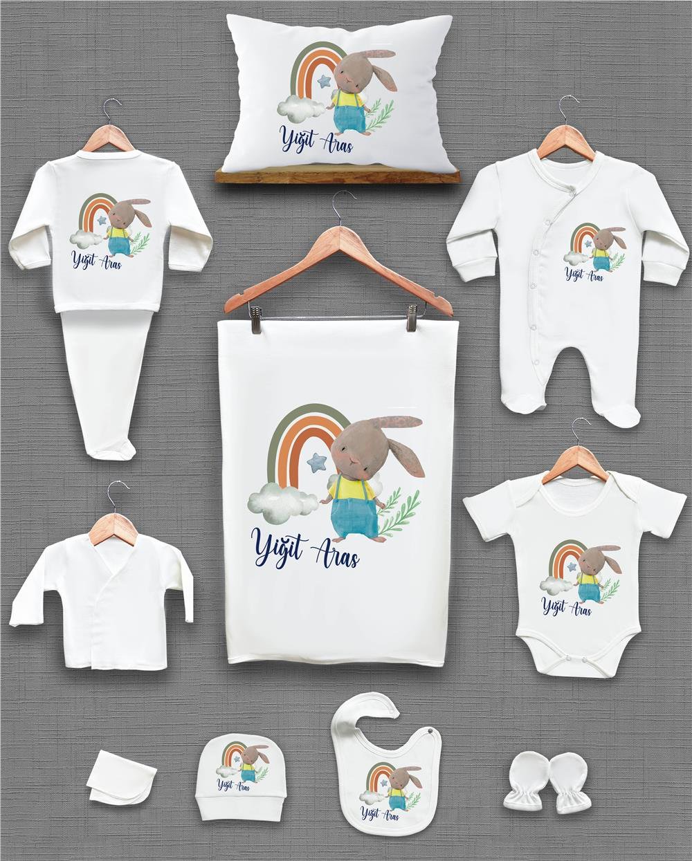 Tavşan ve Gökkuşağı Desenli 11'li İsimli Organik Hastane Çıkış Seti