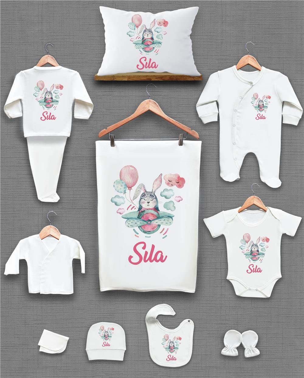 Tavşan ve Uçak Desenli 11'li İsimli Organik Hastane Çıkış Seti