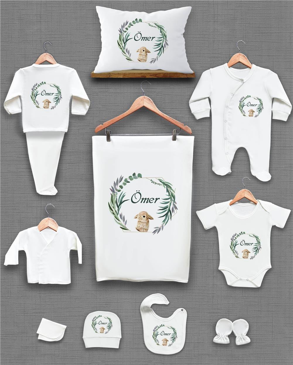 Tavşan ve Yeşil Çiçek Desenli 11'li İsimli Organik Hastane Çıkış Seti