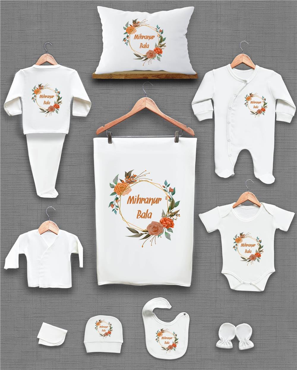 Turuncu Çiçek Desenli 11'li İsimli Organik Hastane Çıkış Seti