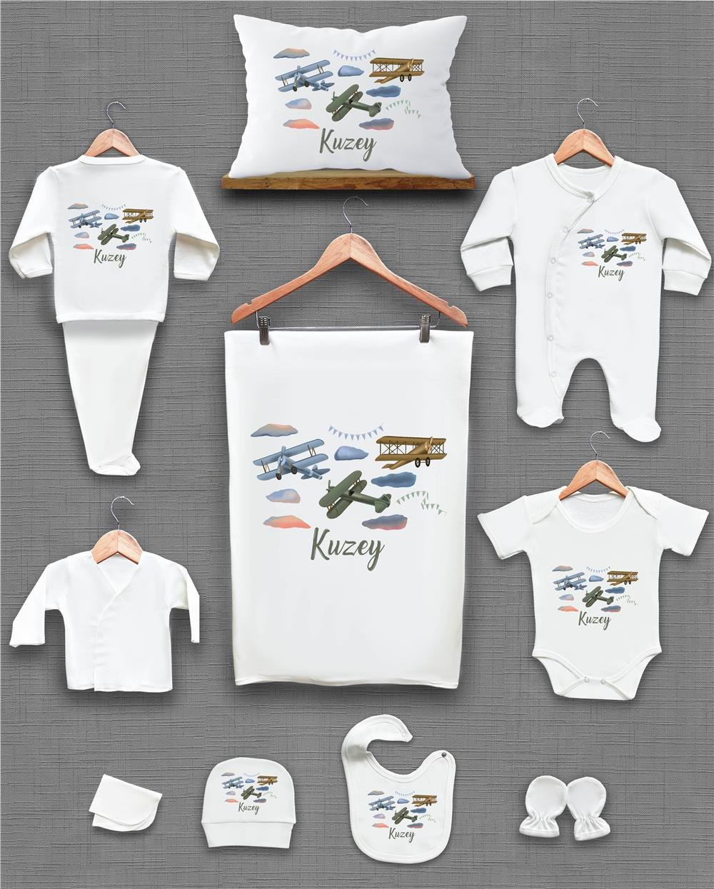 Uçak Desenli 11'li İsimli Organik Hastane Çıkış Seti